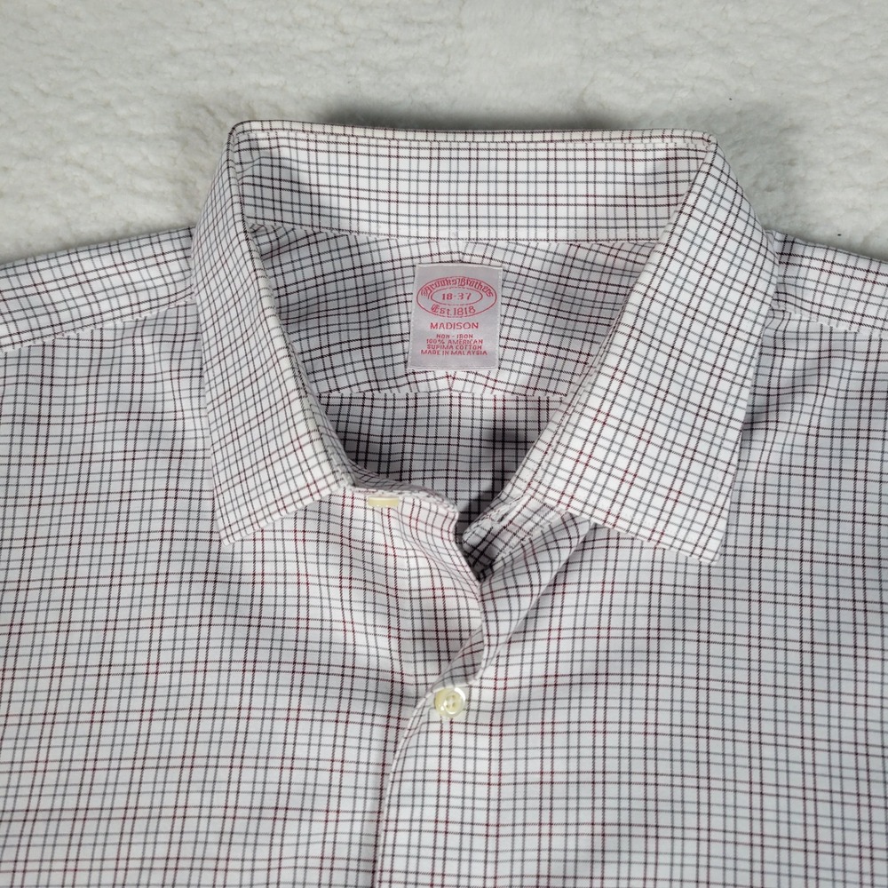 Brooks Brothers Dress Shirt Mens 18 37(18 35) White Burgundy Madison Fit  Cotton